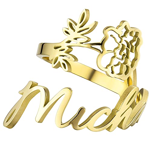 JewelryWe Schmuck Namensring Damen Personalisiert Ring mit Namen Edelstahl Januar Nelke Geburtsblume Geburtsmonat Blumenring Offen Verstellbar Gold Geburtstag Geschenk für Frauen Mädchen von JewelryWe