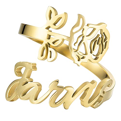 JewelryWe Schmuck Namensring Damen Personalisiert Ring mit Namen Edelstahl Juni Rose Geburtsblume Geburtsmonat Blumenring Offen Verstellbar Gold Geburtstag Geschenk für Frauen Mädchen von JewelryWe