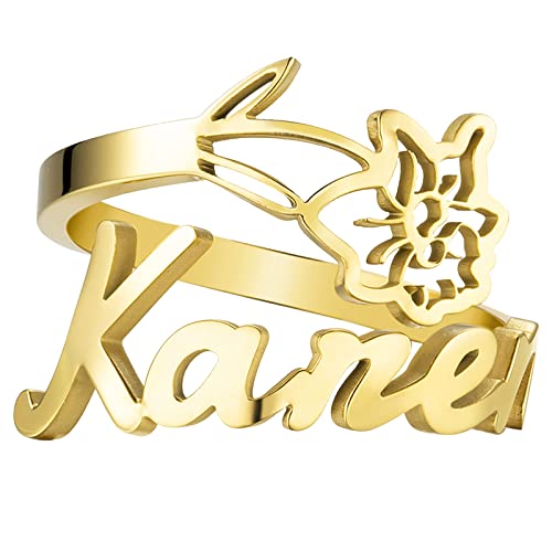 JewelryWe Schmuck Namensring Damen Personalisiert Ring mit Namen Edelstahl März Kirschblüten Geburtsblume Geburtsmonat Blumenring Offen Verstellbar Gold Geburtstag Geschenk für Frauen Mädchen von JewelryWe