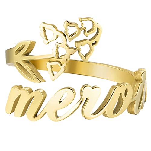 JewelryWe Schmuck Namensring Damen Personalisiert Ring mit Namen Edelstahl Mai Lilie Geburtsblume Geburtsmonat Blumenring Offen Verstellbar Gold Geburtstag Geschenk für Frauen Mädchen von JewelryWe