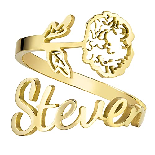 JewelryWe Schmuck Namensring Damen Personalisiert Ring mit Namen Edelstahl November Chrysantheme Geburtsblume Geburtsmonat Blumenring Offen Verstellbar Gold Geburtstag Geschenk für Frauen Mädchen von JewelryWe