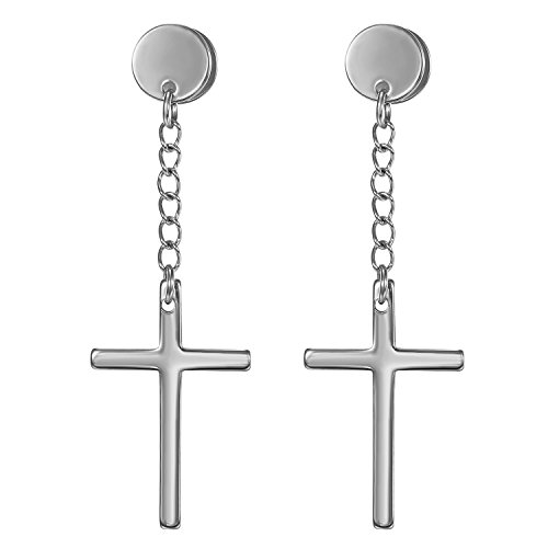 JewelryWe Schmuck Ohrringe, Kreis Ohrstecker mit Baumelnde Kreuz für Herren Damen Jungen, Edelstahl, Schraube Wieder, Silber von JewelryWe