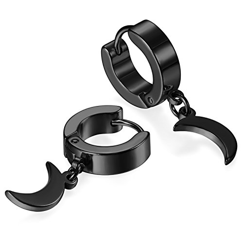 JewelryWe Schmuck Herren Ohrringe Creolen, Edelstahl Huggie Hoop Klappcreolen Ohrpiercing Ohrhänger Ohrstecker mit Mond Anhänger Geschenk für Männer Damen Schwarz von JewelryWe