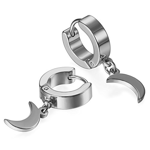 JewelryWe Schmuck Herren Ohrringe Creolen, Edelstahl Huggie Hoop Klappcreolen Ohrpiercing Ohrhänger Ohrstecker mit Mond Anhänger Geschenk für Männer Damen Silber von JewelryWe