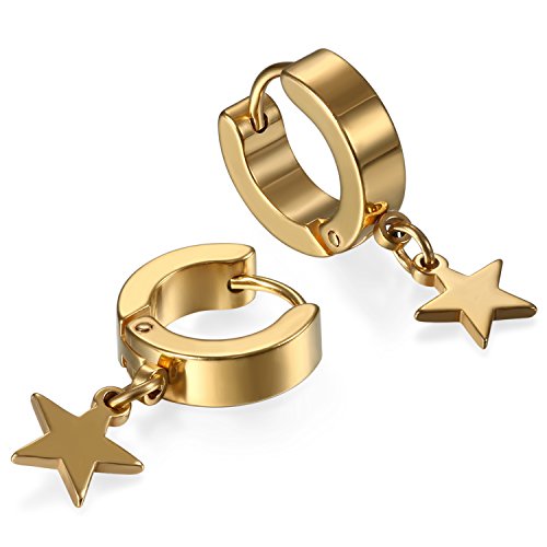 JewelryWe Schmuck Ohrringe Creolen, Edelstahl Huggie Hoop Klappcreolen Ohrpiercing Ohrhänger Ohrstecker mit Stern Anhänger für Herren Damen Gold von JewelryWe