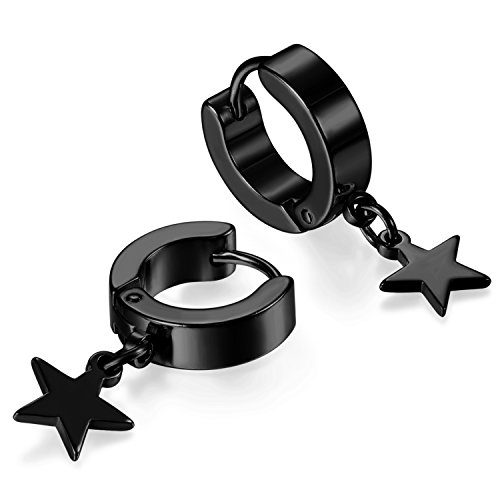 JewelryWe Schmuck Damen Ohrringe Creolen mit Edelstahl Stern Pentagram Anhänger Klappcreolen Ohrpiercing Ohrstecker Geschenk für Männer und Frauen Schwarz von JewelryWe