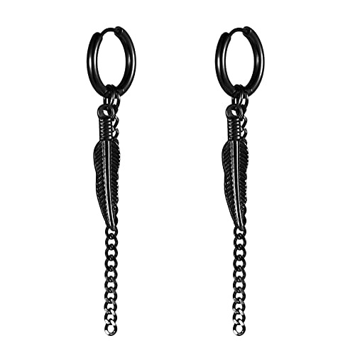 JewelryWe Schmuck Ohrringe Creolen mit Feder Blatt und lange Kette Anhänger Edelstahl Hängend Ohrhänger Huggie Ohrstecker Geschenke für Herren Damen Schwarz JewelryWe Schmuck Ohrringe Creolen mit Feder Blatt und lange Kette Anhänger Edelstahl Hängend Ohrhänger Huggie Ohrstecker Geschenke für Herren Damen Schwarz von JewelryWe