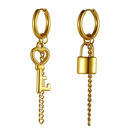 JewelryWe Schmuck Ohrringe Creolen mit Schloss, Schlüssel und Kette Anhänger Edelstahl Hängend Ohrhänger Huggie Ohrstecker Geschenke für Herren Damen Gold von JewelryWe
