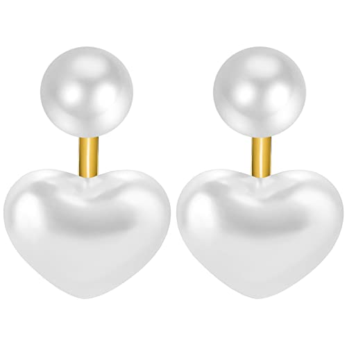 JewelryWe Herz Perlen Ohrringe Damen: Elegant Perlenohrringe Imitation Perlen Ohrstecker mit Kugel und Herz Klein Hängende Ohrringe Ohrhänger Geschenk für Frau Mädchen Gold Weiß von JewelryWe