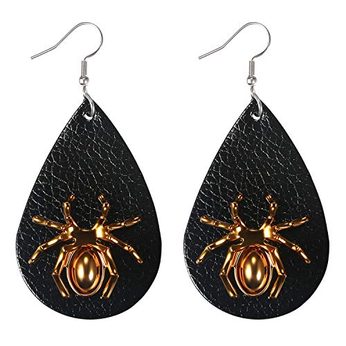 JewelryWe Schmuck Ohrringe Damen Halloween Spinne Abdruck Lederohrringe Wassertropfen Tropfen Design Ohrhänger Ohrstecker für Frauen Mädchen Schwarz von JewelryWe