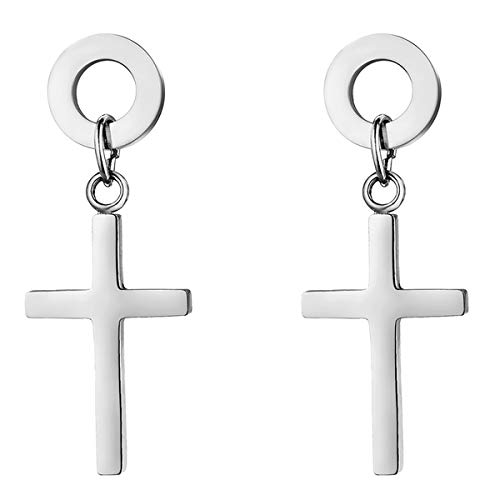 JewelryWe Kreis Ohrstecker mit Kreuz Anhänger: Silber Edelstahl Runde Gestüt Ohrringe mit Baumelnde Kruzifix Unisex Minimalistische Ohrhänger Ohrpiercings Religiöse Christliche Schmuck Damen Herren von JewelryWe