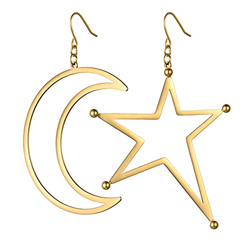 JewelryWe Schmuck Ohrringe Damen mit Stern Mond Anhänger Edelstahl Ohrstecker Baumeln Ohrpiercing für Mädchen Geschenk Gold von JewelryWe