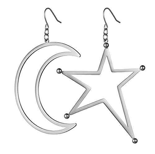 JewelryWe Schmuck Ohrringe Damen mit Stern Mond Anhänger Edelstahl Ohrstecker Baumeln Ohrpiercing für Mädchen Geschenk Silber von JewelryWe