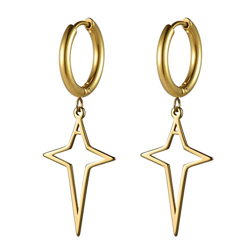 JewelryWe Schmuck Ohrringe Herren Creolen mit Hohlen Stern Kreuz Anhänger Edelstahl Ohrstecker Ohrhänger für Frauen Männer Gold von JewelryWe