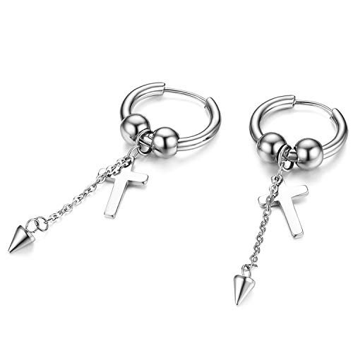 JewelryWe Kreuz Spike Creolen Ohrringe: Silber Edelstahl Huggie Creolen mit Kugeln & Baumende Kreuz Spike Lange Kette Gothic Punk Rock Hängende Ohrringe Quaste Ohrhänger Schmuck für Herren Damen von JewelryWe