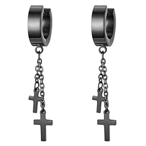 JewelryWe Kreuz Ohrringe Herren Damen: Edelstahl Creolen Huggie Hoop Ohr Manschette Ohrstecker Ohrhänger Ohr-Piercing mit doppelt Kreuz Kette Anhänger Hängende Ohrringe für Männer Frauen Schwarz von JewelryWe