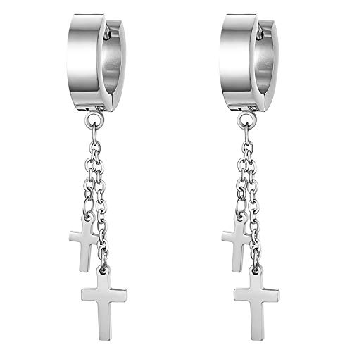 JewelryWe Schmuck Ohrringe Herren Damen Edelstahl Creolen mit doppelt Kreuz Kette Anhänger Ohrstecker Ohrhänger Piercing Silber von JewelryWe