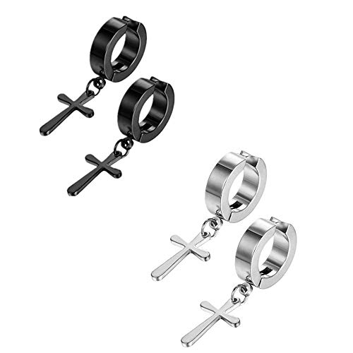 JewelryWe Schmuck Ohrringe für Herren Damen Unisex ohne Loch aus Edelstahl mit Kreuzanhänger Creolen Farbe Silber Gold Schwarz, Edelstahl, Kein Edelstein von JewelryWe