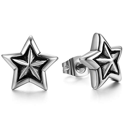 JewelryWe Schmuck Ohrstecker Edelstahl Retro Stern Pentagramm Ohrringe Ohr-Piercing Siber Geschenk für Herren Damen von JewelryWe