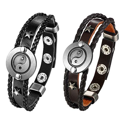 JewelryWe Schmuck Pärchen Armbänder Retro Tai Chi Yin Yang Stern geflochten Lederarmband Paare Armreifen Leder Freundschaftsarmband Partnerarmband für Herren Damen, Druckknopf, Schwarz Braun Silber von JewelryWe