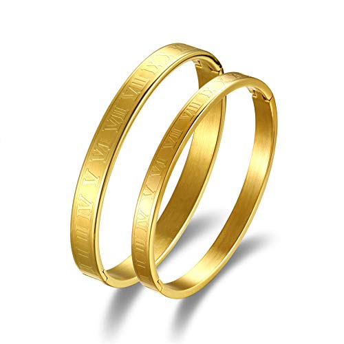 JewelryWe Paar Armband Gold Armreif: 2pcs Partnerarmband Freundschaftsarmband Edelstahl Römische Ziffern Manschette Armspange Gravur Pärchen Geschenk für sie und ihn von JewelryWe