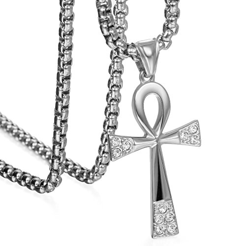 JewelryWe Schmuck Partneranhänger Partnerkette Edelstahl Strass Ägyptische Ankh Kreuz Amulett Anhänger mit 55cm Kette Halskette Geschenk für Damen Silber von JewelryWe