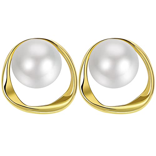 JewelryWe Schmuck Perlenohrringe Damen Imitation Perlen Ohrstecker Unregelmäßige Runde Perlen Ohrringe Ohrpiercings Geschenk für Frau Mädchen Gold Weiß von JewelryWe