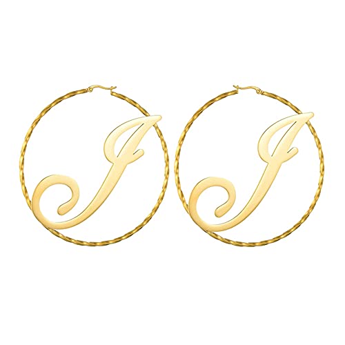 JewelryWe Schmuck Personalisiert Damen Ohrringe Creolen mit Name, Edelstahl Große Gedrehte Rund Kreis Ohrstecker Mädchen Geschenk 100mm Gold von JewelryWe