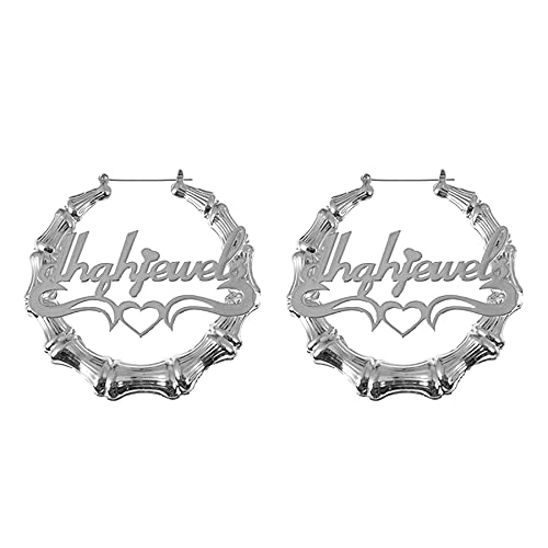 JewelryWe Schmuck Personalisiert Damen Ohrringe Creolen mit Name, Edelstahl Große Kreis Bambus Ohrstecker Mädchen Geschenk 120mm Silber von JewelryWe