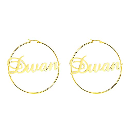 JewelryWe Schmuck Personalisiert Damen Ohrringe Creolen mit Name, Edelstahl Große Rund Kreis Ohrstecker Mädchen Geschenk 60mm Gold von JewelryWe