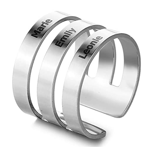 JewelryWe Schmuck Personalisiert Ring Herren Damen mit 3 Namen Gravur Namensring Edelstahl Breit Offener Bandring verstellbar Finger Ring Silber von JewelryWe