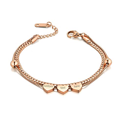 JewelryWe Schmuck Personalisierte Armband Damen Doppelt Layered Kette Edelstahl Armkette Armreif mit 3 Herz Anhänger für Frauen Mädchen Verstellbar Rosegold von JewelryWe