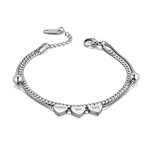 JewelryWe Schmuck Personalisierte Armband Damen Doppelt Layered Kette Edelstahl Armkette Armreif mit 3 Herz Anhänger für Frauen Mädchen Verstellbar Silber von JewelryWe