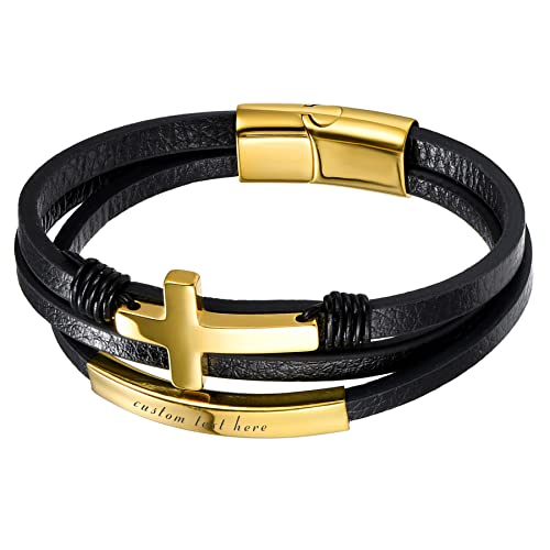 JewelryWe Schmuck Personalisierte Armband Herren Lederarmband Gravur Retro Kreuz Handgefertigt Leder Geflochten Mehrreihig Armreif Manschette mit Edelstahl Magnetverschluss, Schwarz Gold von JewelryWe