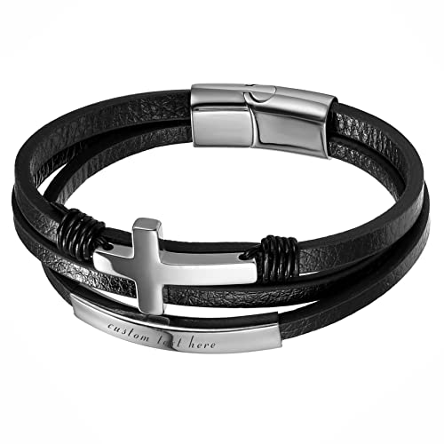 JewelryWe Schmuck Personalisierte Armband Herren Lederarmband Gravur Retro Kreuz Handgefertigt Leder Geflochten Mehrreihig Armreif Manschette mit Edelstahl Magnetverschluss, Schwarz Silber von JewelryWe