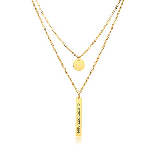 JewelryWe Schmuck Personalisierte Damen Kette mit Gravur, Edelstahl doppel geschichtet runde Münze Disc und Rechteck Bar Anhänger Layer Halskette, Gold von JewelryWe