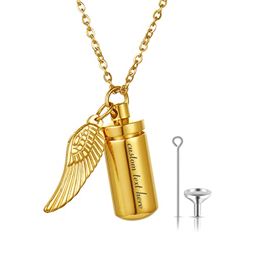 JewelryWe Schmuck Personalisierte Halskette Herren Damen Edelstahl Memorial Asche Urne Zylinder Gedenkflasche Engel Flügel Anhänger Kette Gravur, Gold von JewelryWe