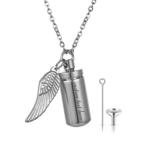 JewelryWe Schmuck Personalisierte Halskette Herren Damen Edelstahl Memorial Asche Urne Zylinder Gedenkflasche Engel Flügel Anhänger Kette Gravur, Silber von JewelryWe