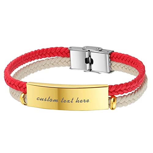 JewelryWe Schmuck Personalisierte Lederarmband Herren Damen mit Gravur Edelstahl ID Tag Doppelt Leder Geflochtene Kordelkette Armreif Manschette Rot Weiß von JewelryWe