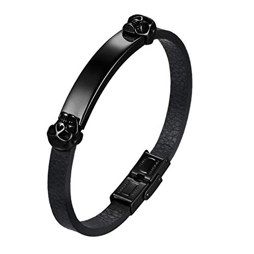 JewelryWe Schmuck Personalisierte Lederarmband Herren mit Totenkopf Schädel Hochglanz Poliert Gravurplatte, Edelstahl Armreif Armspange mit Gravur Geschenk Schwarz von JewelryWe