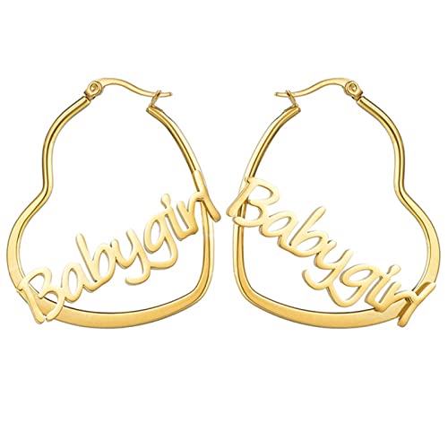 JewelryWe Schmuck Personalisierte Ohrringe Damen Creolen mit Namen Edelstahl Große Herz Herzförmige Ohrstecker Ohrhänger Geschenk für Frauen Freundin Mutter Schwester, Gold 50mm von JewelryWe