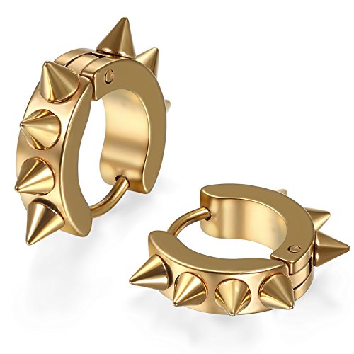 JewelryWe Schmuck Punk Creolen Ohrringe, Edelstahl Spike Spitzen Nieten Hip-Hop Huggie Hoop Klappcreolen Plug Piercing Clip Ohrstecker Gothic Gold von JewelryWe