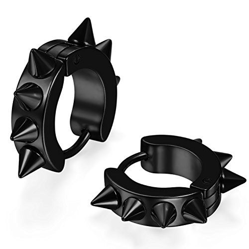 JewelryWe Schmuck Punk Creolen Ohrringe, Edelstahl Spike Spitzen Nieten Hip-Hop Huggie Hoop Klappcreolen Plug Piercing Clip Ohrstecker Gothic Schwarz von JewelryWe