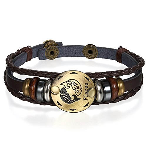 JewelryWe Schmuck Punk Modisch 12 Sternbilder Sternzeichen Herren Damen Charm Armband Geflochten Leder Legierung Multilayer Armreifen, 1/12 Stück - Fische von JewelryWe