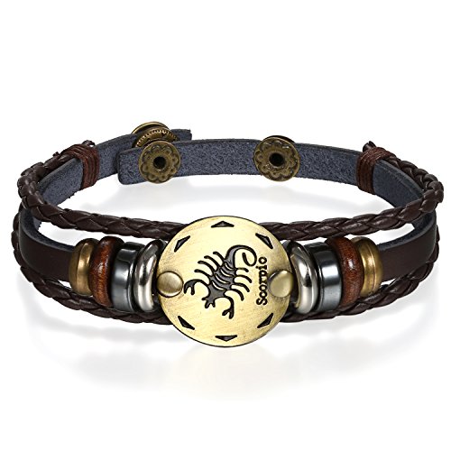 JewelryWe Schmuck Punk Modisch 12 Sternbilder Sternzeichen Herren Damen Charm Armband Geflochten Leder Legierung Multilayer Armreifen, 1/12 Stück - Skopion von JewelryWe