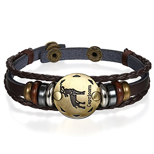 JewelryWe Schmuck Punk Modisch 12 Sternbilder Sternzeichen Herren Damen Charm Armband Geflochten Leder Legierung Multilayer Armreifen, 1/12 Stück - Steinbock von JewelryWe