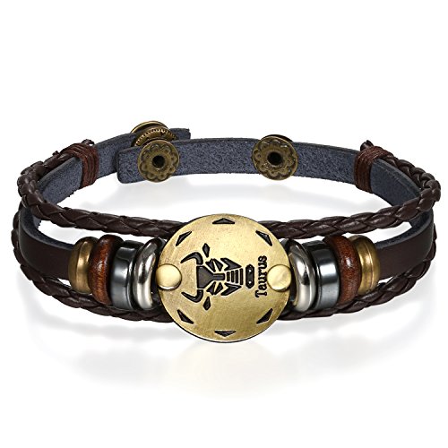 JewelryWe Schmuck Punk Modisch 12 Sternbilder Sternzeichen Herren Damen Charm Armband Geflochten Leder Legierung Multilayer Armreifen, 1/12 Stück - Stier von JewelryWe