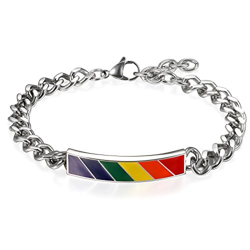 JewelryWe Schmuck Regenbogen Panzerkette Armband mit Gravur Partnerarmband Paare Ambänder aus Edelstahl Homosexuell LGBT Gay & Lesbian Pride Pärchen Armreifen für Herren von JewelryWe