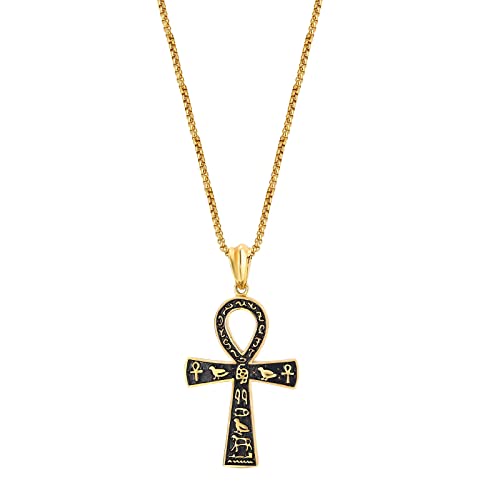 JewelryWe Schmuck Retro Halskette Herren Ägyptische Hieroglyphen Ankh Kreuz Edelstahl Anhänger mit 22 Zoll Kette Weizenkette Gold von JewelryWe