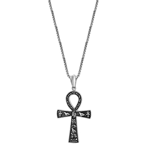 JewelryWe Schmuck Retro Halskette Herren Ägyptische Hieroglyphen Ankh Kreuz Edelstahl Anhänger mit 22 Zoll Kette Weizenkette Silber von JewelryWe